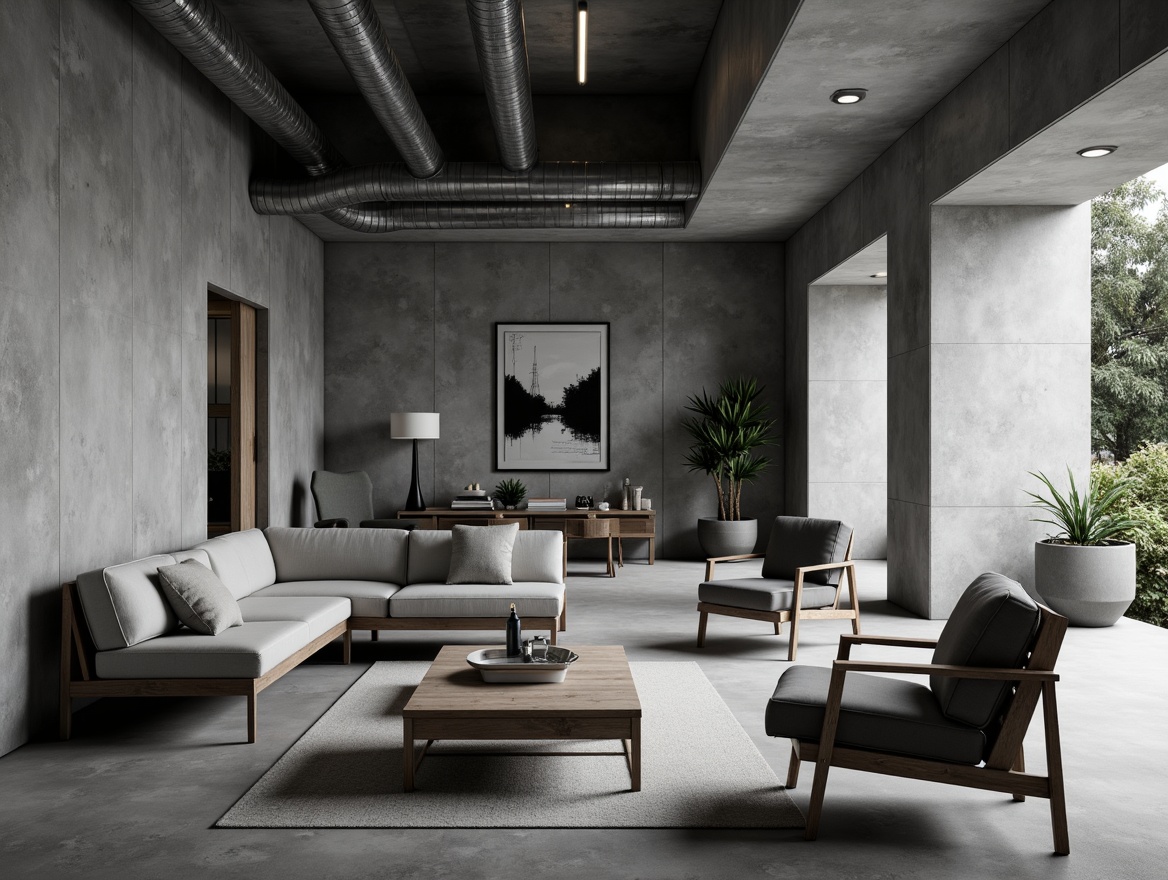 Prompt: Monochromatic brutalist interior, raw concrete walls, exposed ductwork, industrial-style lighting, minimalist wooden furniture, low-profile sofas, sleek metal chairs, geometric-shaped coffee tables, sparse decorative elements, abstract art pieces, neutral color palette, dramatic shadows, high-contrast lighting, 1/1 composition, cinematic atmosphere, realistic textures, ambient occlusion.