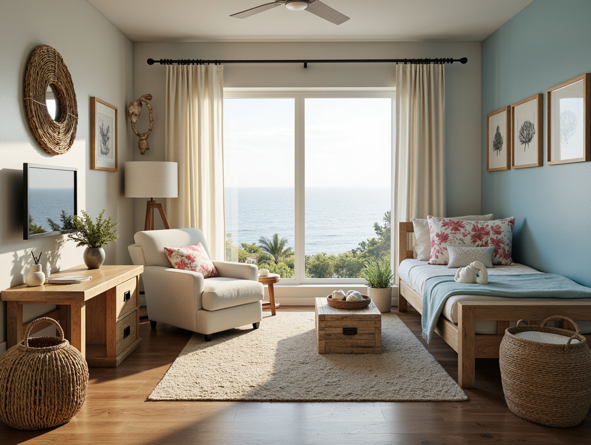 Prompt: Seaside dorm room, ocean-inspired accents, driftwood furniture, nautical rope decorations, shell-shaped accessories, calming blue hues, sandy beige tones, natural textures, woven sea grass baskets, coral-patterned throw pillows, ocean-view window, sheer white curtains, warm golden lighting, 1/2 composition, shallow depth of field, soft focus effect.