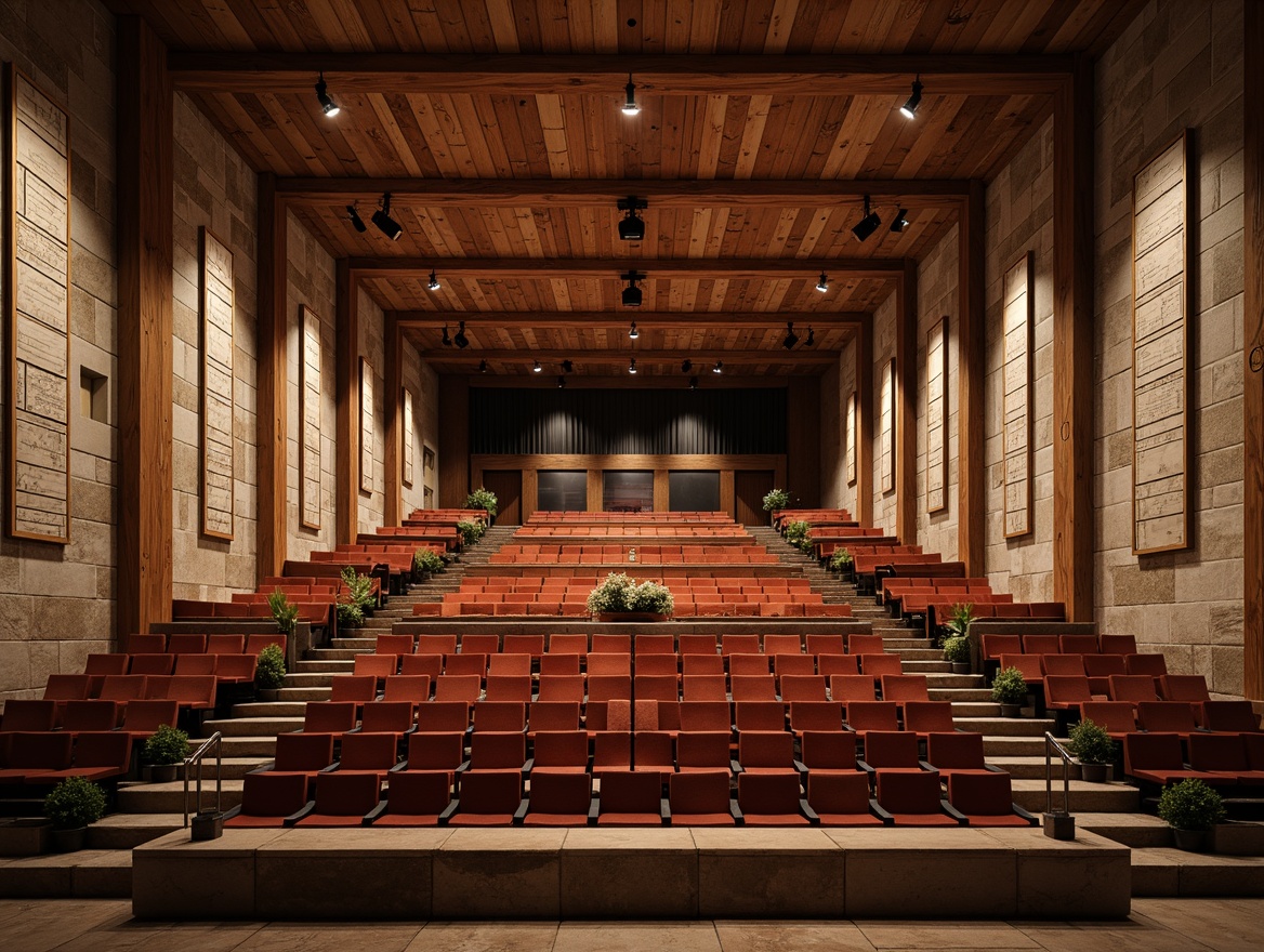 Prompt: Rustic auditorium interior, reclaimed wood accents, natural stone walls, earthy color palette, wooden beam ceilings, vintage metal lighting fixtures, plush velvet seating, sound-absorbing acoustic panels, woven fabric upholstery, distressed leather details, rich wood tones, warm cozy ambiance, soft box lighting, intimate stage setting, 1/2 composition, shallow depth of field, realistic textures.