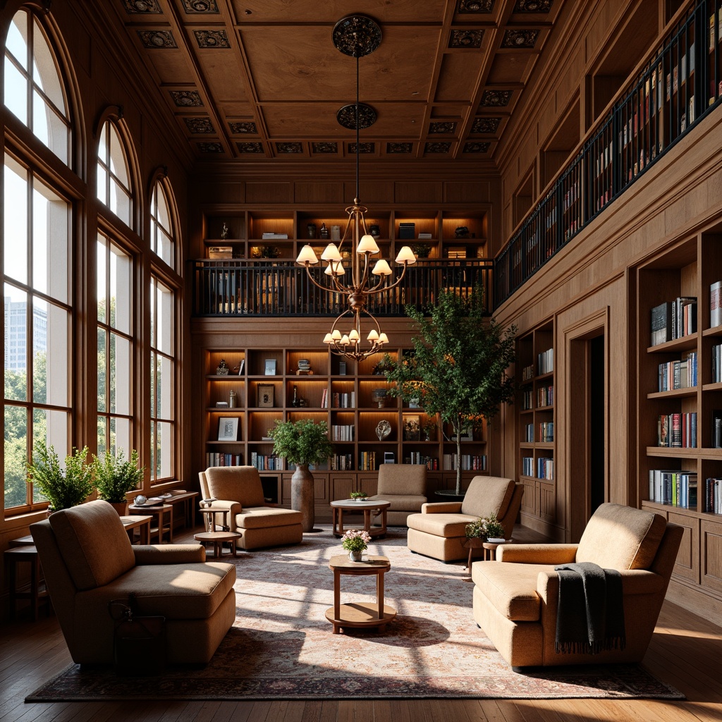 Prompt: Warm library atmosphere, rich wood tones, classic bookshelves, ornate metal latticework, comfortable reading nooks, plush armchairs, soft warm lighting, elegant chandeliers, neutral color palette, sophisticated transitional style, large windows, natural light, subtle architectural details, intricate moldings, wooden floorboards, cozy rug, calm ambiance, shallow depth of field, 1/1 composition, realistic textures, ambient occlusion.