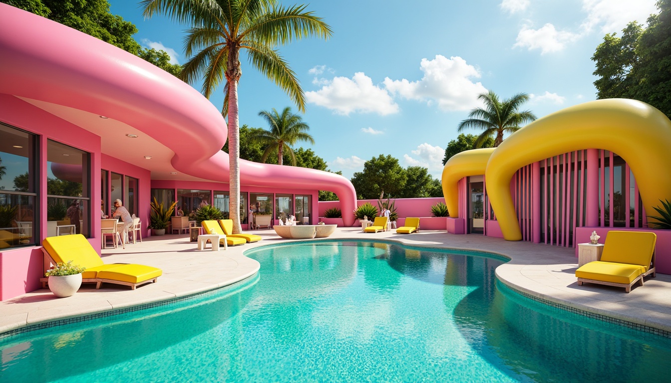 Prompt: Vibrant turquoise pools, pastel pink accents, neon green lights, bold yellow deck chairs, retro-futuristic architecture, curved lines, irregular shapes, playful mosaic tiles, whimsical water features, tropical palm trees, bright coral reefs, sunny afternoon, shallow depth of field, 1/1 composition, realistic textures, ambient occlusion.