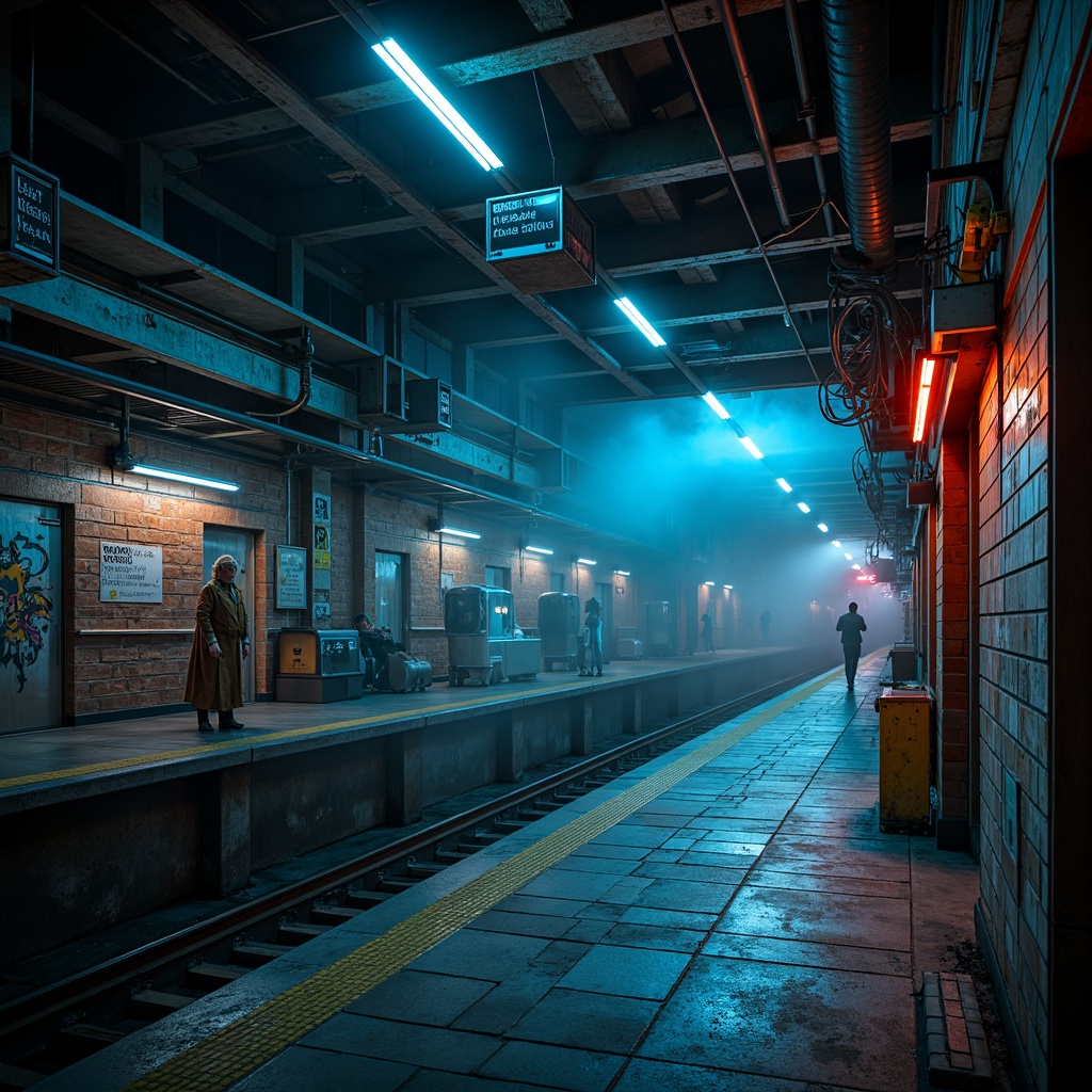 Prompt: Underground metro station, industrial chic style, exposed brick walls, metallic beams, concrete floors, vintage machinery, reclaimed wood accents, edgy lighting fixtures, neon signs, LED strips, futuristic lamp posts, urban graffiti, rush hour atmosphere, dynamic shadows, high contrast lighting, dramatic spotlights, cool blue tones, misty fog effect, cinematic composition, deep depth of field, 2.35