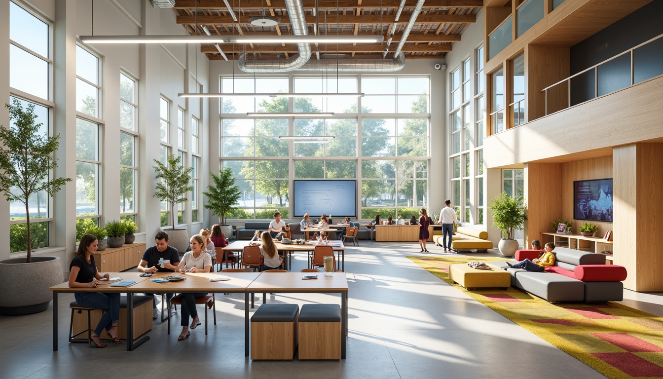 Prompt: Modern educational facility, bright airy interior, suspended LED light fixtures, warm wooden accents, colorful learning zones, interactive display screens, collaborative workspaces, ergonomic furniture, acoustic panels, natural daylight harvesting, soft diffused lighting, 1/2 composition, shallow depth of field, realistic textures, ambient occlusion.