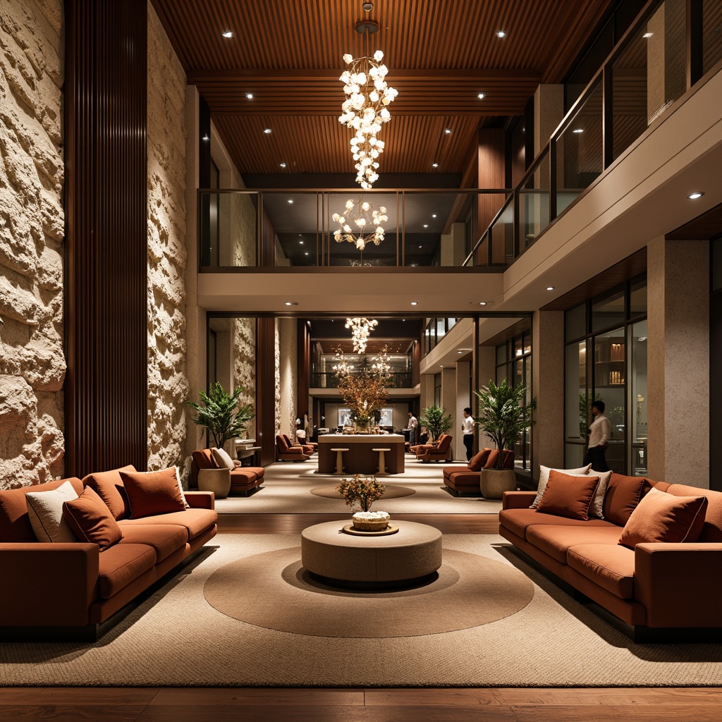 Prompt: Luxurious hotel lobby, rich wood accents, textured stone walls, plush carpeting, velvety sofas, metallic fixtures, elegant chandeliers, ambient warm lighting, subtle fragrance, sophisticated color palette, modern minimalist decor, sleek glass railings, natural fiber textiles, organic shapes, earthy tones, soft focus blur, 1/2 composition, realistic reflections.