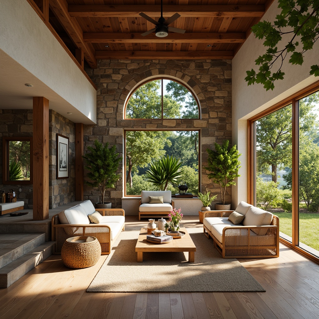 Prompt: Elegant living room, natural stone walls, reclaimed wood flooring, woven bamboo furniture, plush greenery, organic textiles, earthy color palette, abundant sunlight, soft warm lighting, shallow depth of field, 1/1 composition, realistic wood grain textures, ambient occlusion, cozy atmosphere.