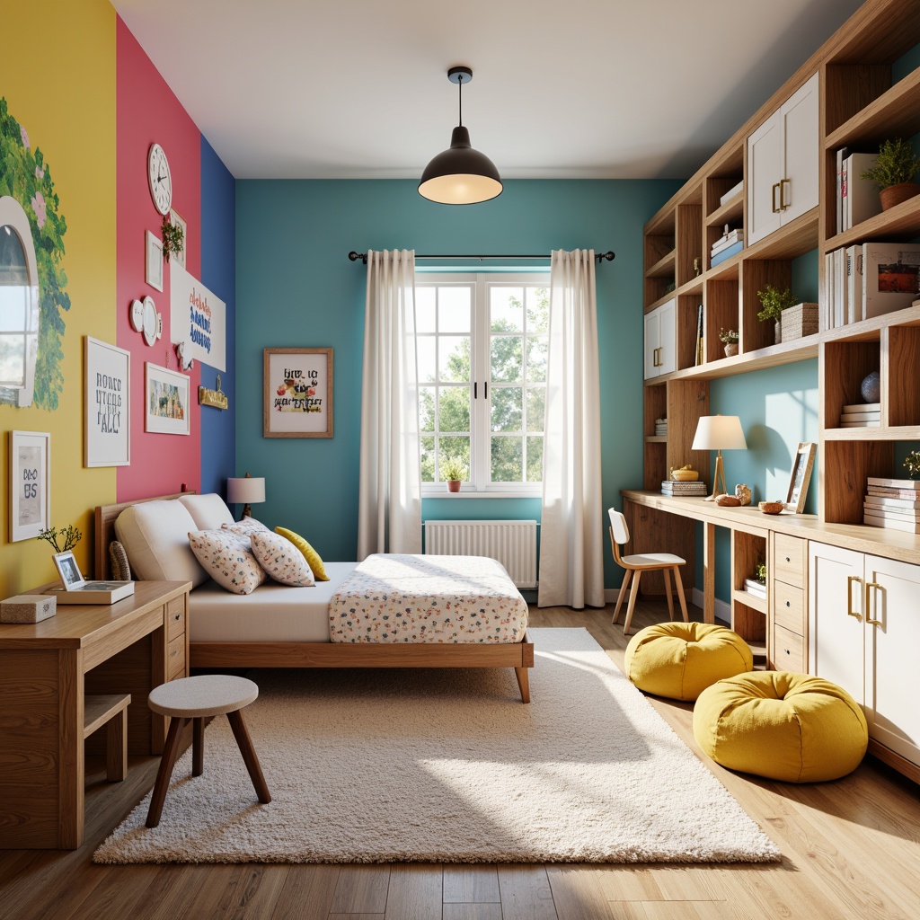 Prompt: Vibrant kids' bedroom, playful color scheme, whimsical wall murals, cozy reading nooks, sturdy wooden furniture, clever storage solutions, built-in shelving units, soft plush carpets, fun patterned bedding, kid-friendly lighting fixtures, educational decorative elements, inspirational quotes, creative play areas, minimalist desks, comfortable bean bag chairs, natural wood accents, calming pastel hues, warm sunny day, soft gentle lighting, shallow depth of field, 1/1 composition, realistic textures, ambient occlusion.