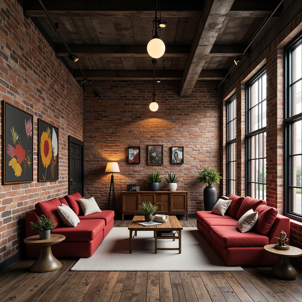 Prompt: Exposed brick walls, metal beams, reclaimed wood floors, industrial lighting fixtures, distressed concrete textures, postmodern ornate details, eclectic vintage furniture, bold colorful accents, abstract artwork, urban loft atmosphere, high ceilings, open spaces, modern minimalist decor, metallic finishes, raw materials, edgy architectural elements, dramatic shadows, low-key warm lighting, 1/2 composition, gritty realistic textures, subtle color grading.