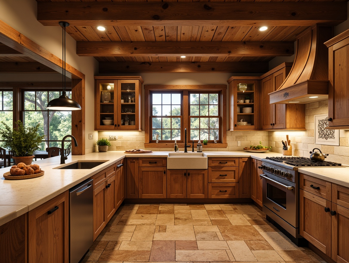 Prompt: Rustic craftsman kitchen, warm beige countertops, rich wood grain patterns, earthy tone ceramic tiles, apron-front sink, ornate metal fixtures, pendant lighting, exposed beam ceiling, natural stone backsplash, vintage-inspired appliances, warm golden lighting, shallow depth of field, 1/1 composition, realistic textures, ambient occlusion.