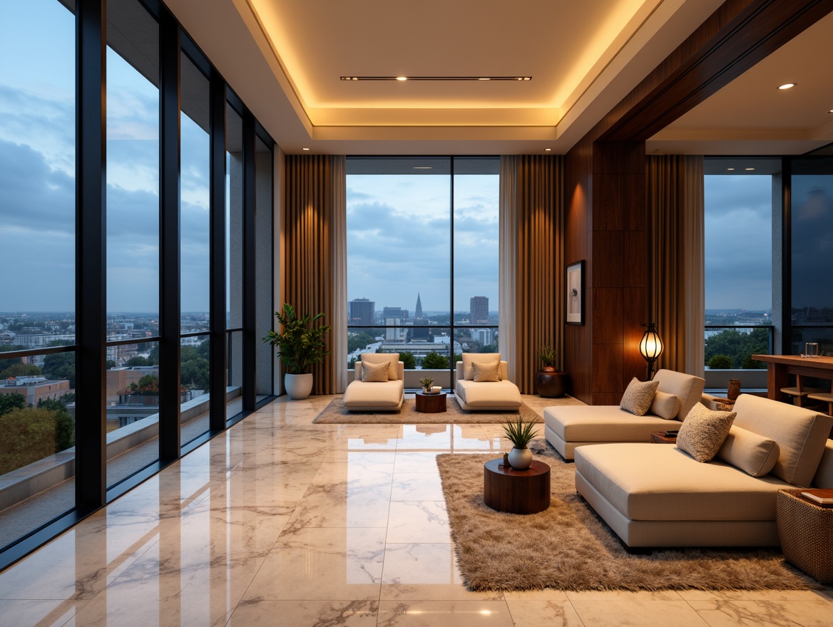 Prompt: Luxurious penthouse, sleek modern lines, floor-to-ceiling windows, cityscape views, dark wood accents, creamy marble floors, soft warm lighting, ambient glow, dramatic shadows, LED strip lights, recessed ceiling fixtures, pendant lamps, cozy reading nooks, plush area rugs, minimalist chic decor, natural textiles, urban oasis atmosphere, panoramic city views, 1/1 composition, high-contrast lighting, subtle color grading, realistic reflections.