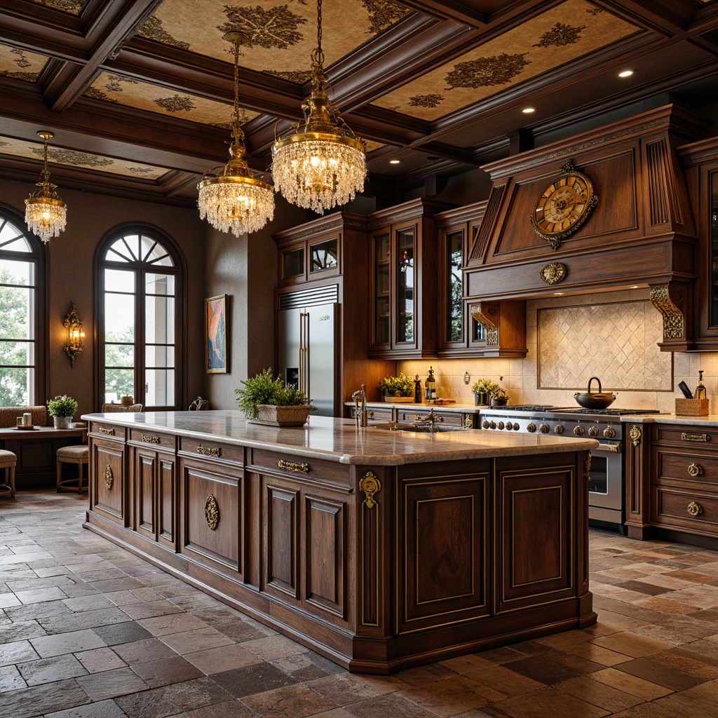 Prompt: Opulent kitchen island, intricately carved wooden cabinetry, ornate gold hardware, lavish marble countertops, richly veined stone flooring, rustic brick backsplash, distressed metal appliances, vintage-inspired lighting fixtures, heavily ornamented ceiling designs, grandiose crystal chandeliers, soft warm ambient lighting, 3/4 composition, shallow depth of field, realistic textures, ambient occlusion.