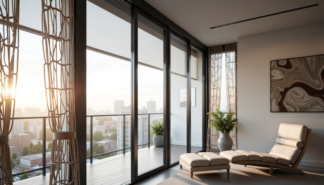 Prompt: Slim modern windows, floor-to-ceiling glass panels, minimalist roller shades, sleek aluminum frames, geometric patterned curtains, sheer silk drapes, metallic Venetian blinds, abstract artwork, urban cityscape views, bright natural lighting, soft warm glow, shallow depth of field, 3/4 composition, panoramic view, realistic textures, ambient occlusion.