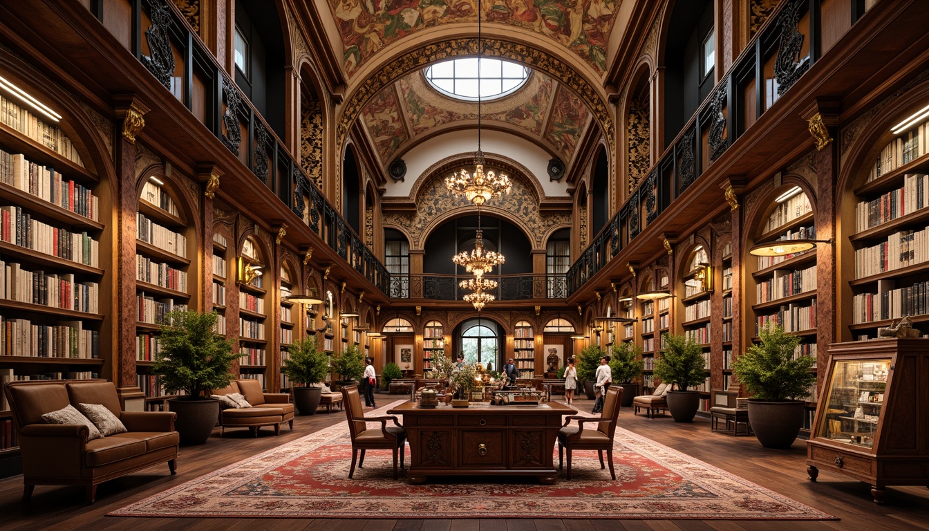 Prompt: Opulent bookstore interior, grandiose chandeliers, intricately carved wooden shelves, ornate gilded frames, luxurious velvet drapes, richly patterned rugs, majestic stone columns, sweeping archways, dramatic ceiling vaults, lavish frescoes, ornamental moldings, antique leather-bound books, golden book spines, crystal glass cabinets, soft warm lighting, shallow depth of field, 3/4 composition, realistic textures, ambient occlusion.