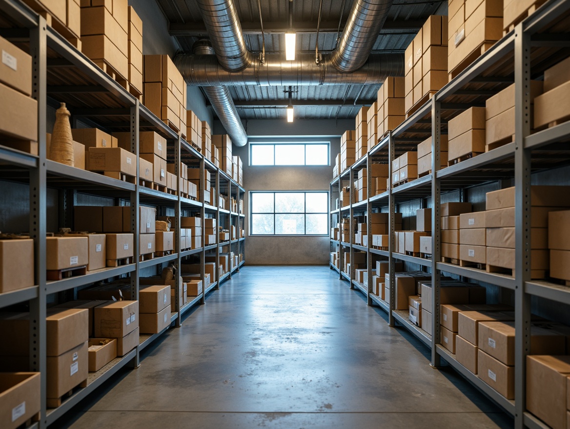 Prompt: Industrial storage room, metal shelving units, concrete flooring, exposed ductwork, neutral color scheme, beige walls, grey metallic accents, pops of bright blue, warm yellow task lighting, softbox shadows, realistic textures, shallow depth of field, 1/1 composition, atmospheric perspective.