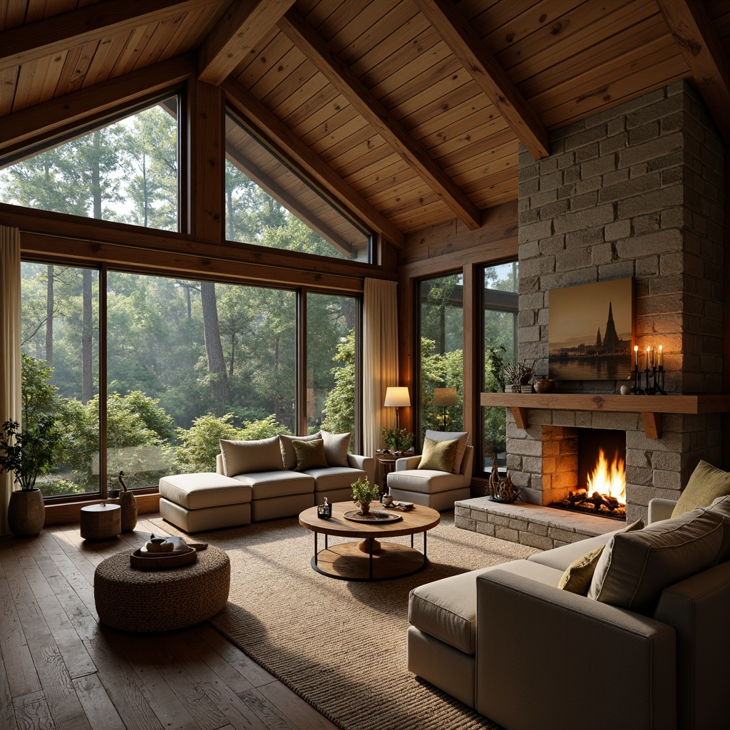 Prompt: Earthy cabin, wooden accents, natural stone walls, cozy fireplace, plush furnishings, woven textiles, warm beige tones, comforting brown hues, rustic metal decor, soft candlelight, atmospheric mist, dense forest surroundings, moss-covered trees, serene wilderness atmosphere, shallow depth of field, 1/1 composition, realistic textures, ambient occlusion.