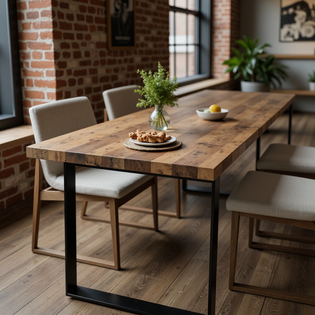 Prompt: Modern minimalist table, sleek metal legs, reclaimed wood top, industrial chic aesthetic, urban loft atmosphere, functional ergonomic design, comfortable seating, adjustable height settings, built-in cable management systems, USB ports, wireless charging stations, warm ambient lighting, natural textiles, earthy color palette, 3/4 composition, shallow depth of field, realistic wood grain textures.