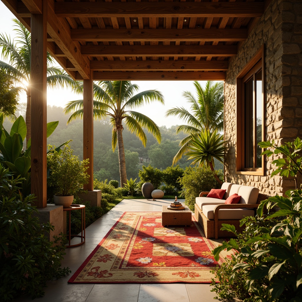 Prompt: Warm tropical ambiance, soft golden lighting, lush greenery, exotic plants, natural stone walls, wooden accents, rattan furniture, colorful textiles, vibrant flower patterns, ambient warm glow, subtle shadows, 1/2 composition, shallow depth of field, realistic renderings, atmospheric perspective.