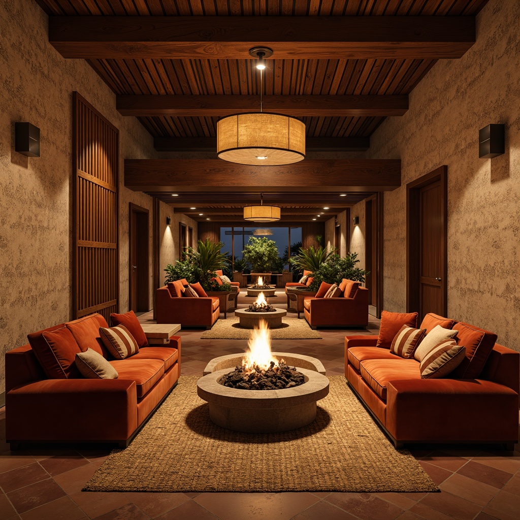 Prompt: Cozy hotel lobby, rich wooden accents, plush velvet sofas, ornate metal fixtures, warm golden lighting, inviting fire pit, textured stone walls, earthy terracotta floors, natural woven rugs, comfortable seating areas, minimalist decor, serene ambiance, warm neutral tones, shallow depth of field, 1/2 composition, realistic textures, ambient occlusion.