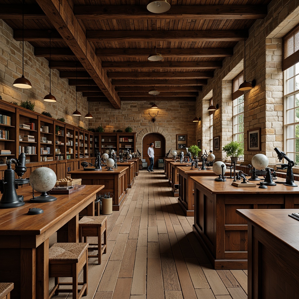 Prompt: \Rustic science center, wooden laboratory tables, distressed wood flooring, earthy tones, natural stone walls, vintage scientific instruments, industrial metal shelves, warm overhead lighting, shallow depth of field, 1/1 composition, realistic textures, ambient occlusion, traditional architectural details, ornate wooden accents, classic microscopes, antique globes, leather-bound books, richly stained wood paneling, soft carpeted areas, cozy reading nooks.\