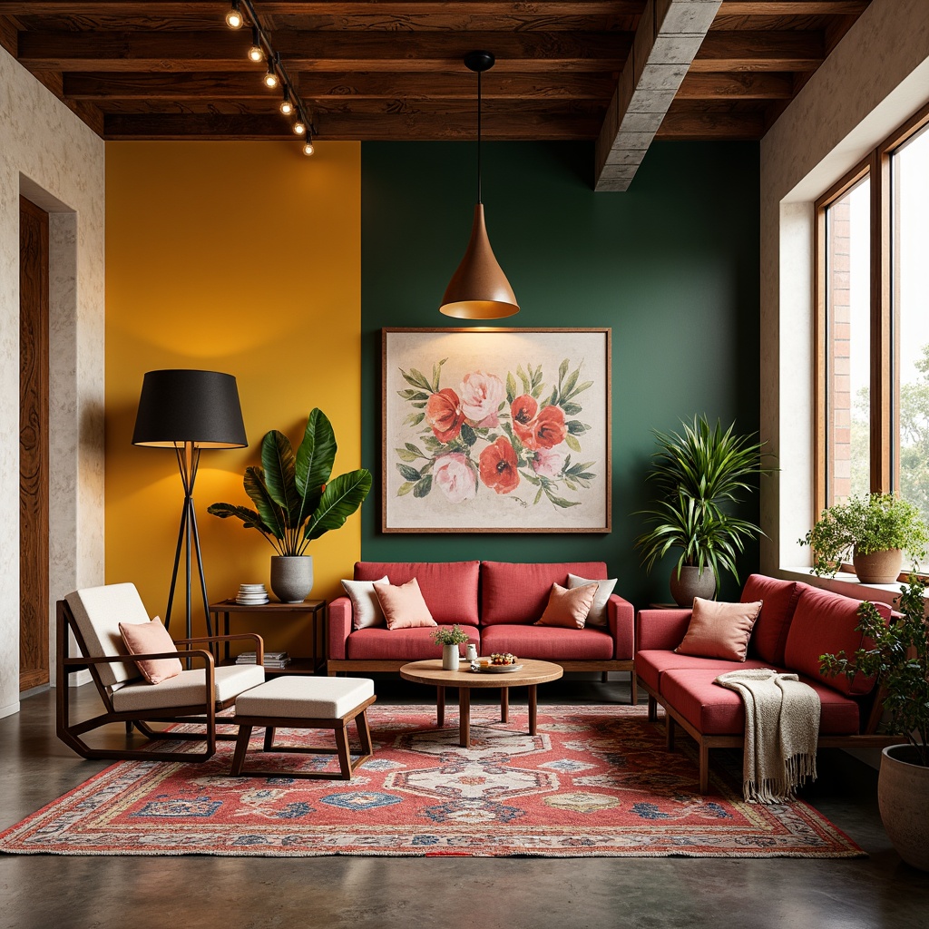 Prompt: Vibrant artistic studio, eclectic furniture arrangement, bold color blocking, contrasting textures, natural wood accents, industrial metal elements, sleek modern lighting, oversized art pieces, bohemian-inspired rug patterns, warm golden lighting, shallow depth of field, 1/1 composition, realistic renderings, ambient occlusion.