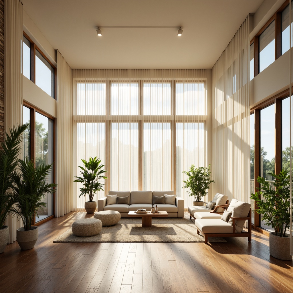 Prompt: Vibrant living room, floor-to-ceiling windows, sheer white curtains, minimal ornamentation, sleek wooden floors, natural stone walls, modern minimalist furniture, lush green plants, warm beige tones, abundant sunlight, soft diffused lighting, shallow depth of field, 1/1 composition, panoramic view, realistic textures, ambient occlusion.