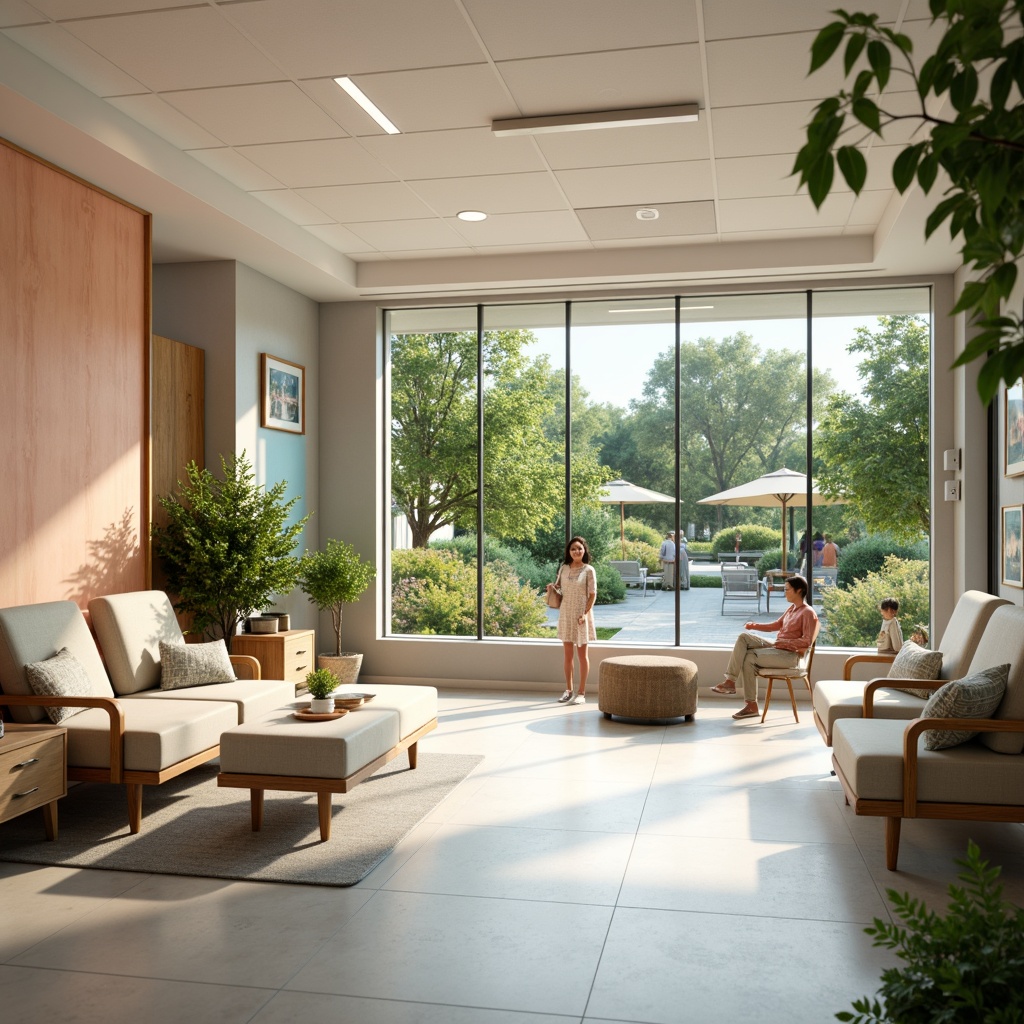 Prompt: Calming healthcare facility, soothing color scheme, gentle pastel hues, soft peach tones, creamy whites, pale blues, minty fresh accents, natural wood textures, comfortable seating areas, warm lighting fixtures, cozy waiting rooms, serene outdoor gardens, lush greenery, vibrant flowers, water features, calming soundscapes, shallow depth of field, 1/2 composition, realistic renderings, ambient occlusion.