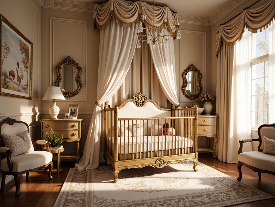 Prompt: Ornate baby crib, velvet drapes, golden accents, intricate carvings, rich wood tones, plush area rug, luxurious fabrics, soft pastel colors, delicate lace trim, ornamental mirrors, crystal chandeliers, grandiose furniture pieces, curved lines, gilded details, whimsical wall art, tender lighting, warm beige walls, elegant nursery rhyme illustrations, 1/2 composition, shallow depth of field, warm golden lighting.