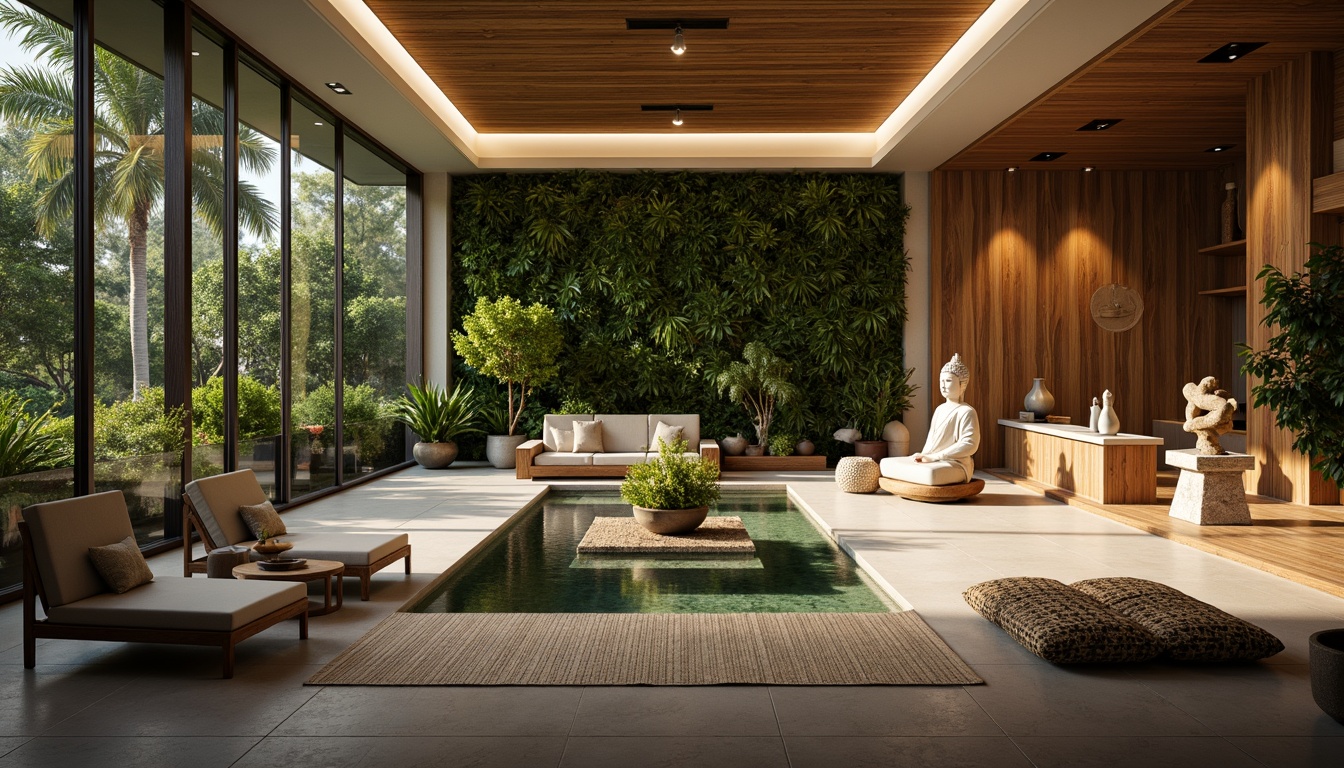 Prompt: Soothing ambiance, natural materials, wooden accents, earthy tones, minimal ornaments, calming water features, lush green walls, serene sculptures, peaceful Buddha statues, meditation areas, comfortable seating zones, warm soft lighting, shallow depth of field, 3/4 composition, harmonious color palette, realistic textures, ambient occlusion.