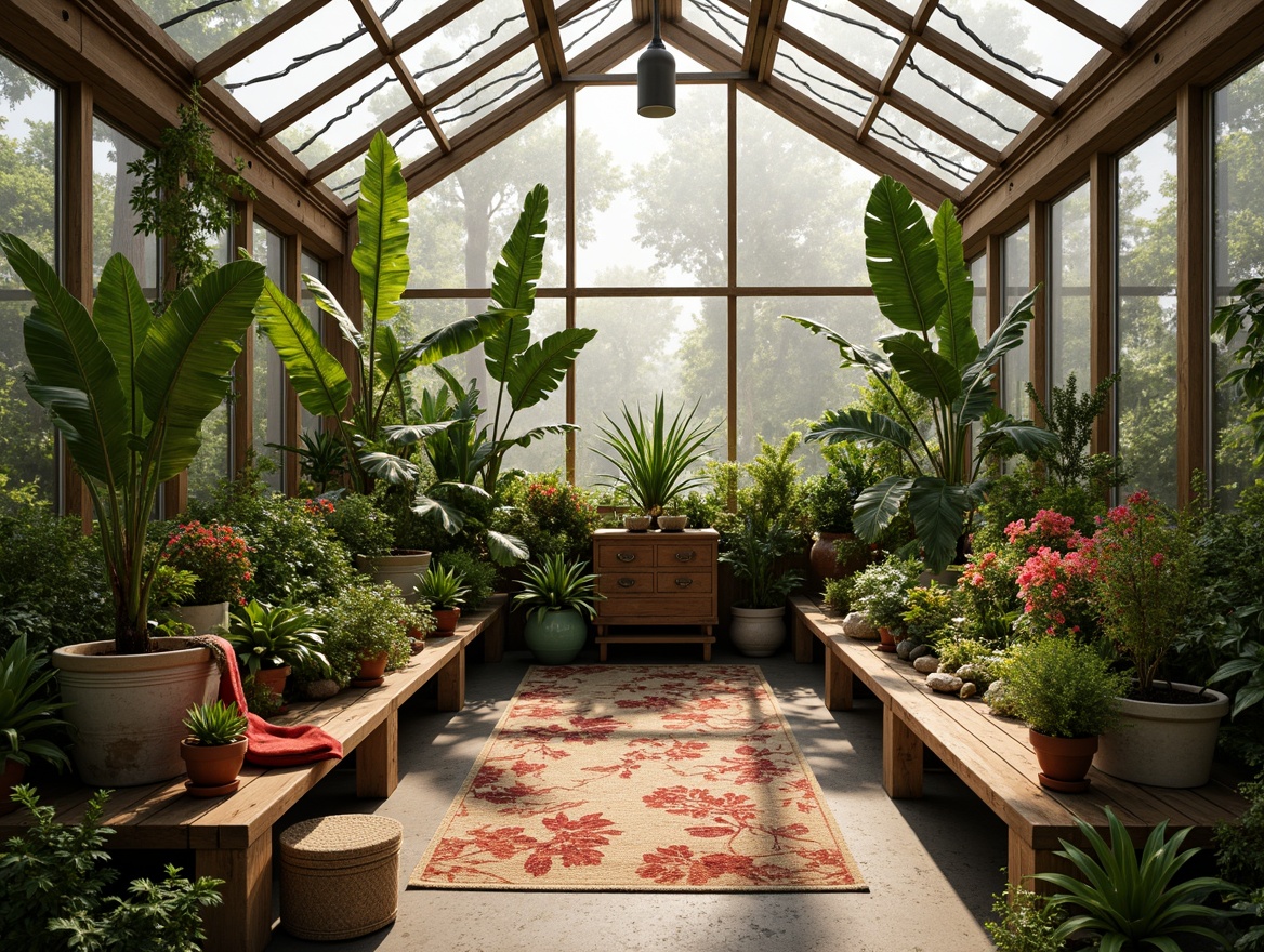 Prompt: Vibrant botanical greenhouse, lush tropical plants, warm natural light, misty atmosphere, distressed wooden accents, earthy terracotta pots, soft mossy textures, delicate ferns, exotic flowers, whimsical illustrations, organic shapes, eclectic vintage decor, playful color blocking, bold contrasting hues, pastel shades, iridescent glazes, creamy whites, weathered wood tones, natural fiber rugs, ambient warm lighting, soft focus, shallow depth of field, 1/2 composition.