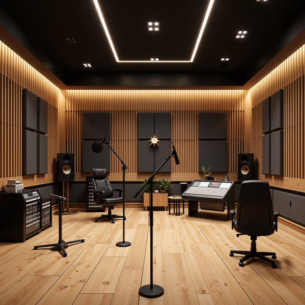 Prompt: Modern recording studio, soundproofed walls, acoustic panels, geometric patterns, sound-absorbing materials, wooden flooring, minimal decor, professional audio equipment, microphone stands, soundboards, ergonomic chairs, dimmable lighting, quiet atmosphere, 1/1 composition, shallow depth of field, soft warm lighting.