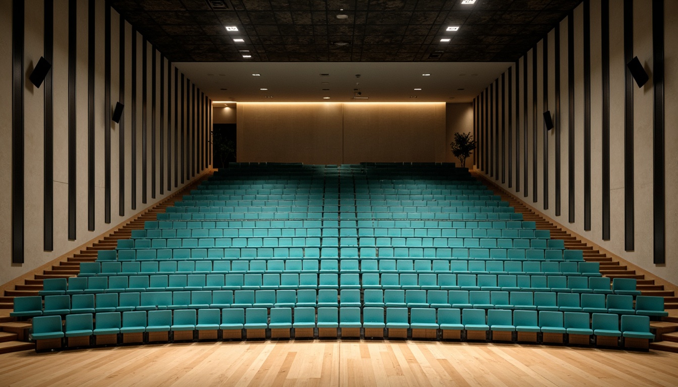 Prompt: Curved amphitheater seating, streamlined modern architecture, minimalist metal frames, comfortable cushioned chairs, vibrant turquoise upholstery, stepped rows, staggered seating arrangement, optimal viewing angles, unobstructed sightlines, warm beige flooring, subtle gradient lighting, soft ambient glow, 3/4 composition, symmetrical framing, realistic reflections, high-dynamic-range rendering.