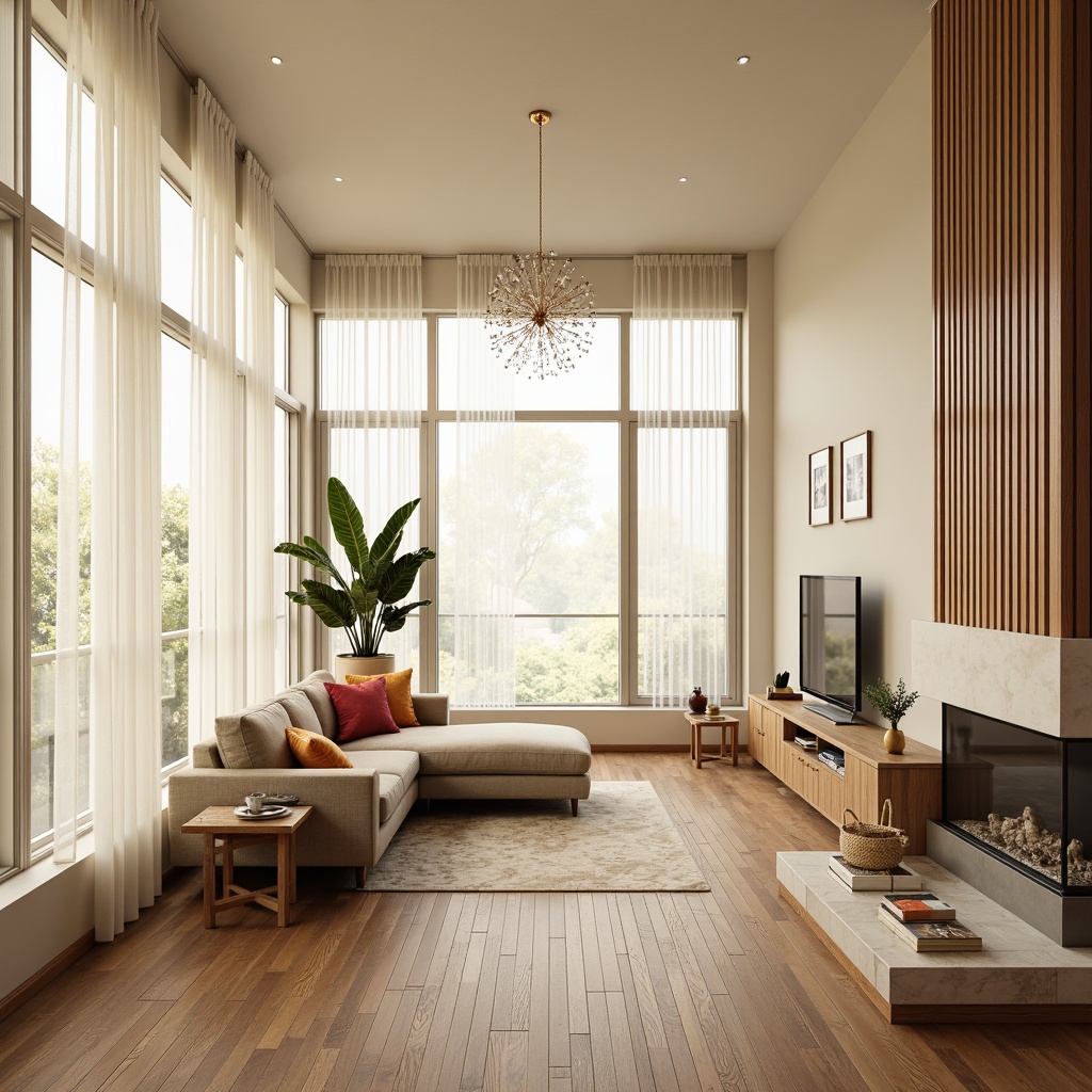 Prompt: Vibrant living room, floor-to-ceiling windows, minimal window frames, sheer white curtains, soft warm daylight, indirect natural lighting, comfortable seating area, wooden flooring, light beige walls, modern minimalist decor, elegant chandelier, subtle shadows, 1/2 composition, gentle highlight accents, realistic textures, ambient occlusion.