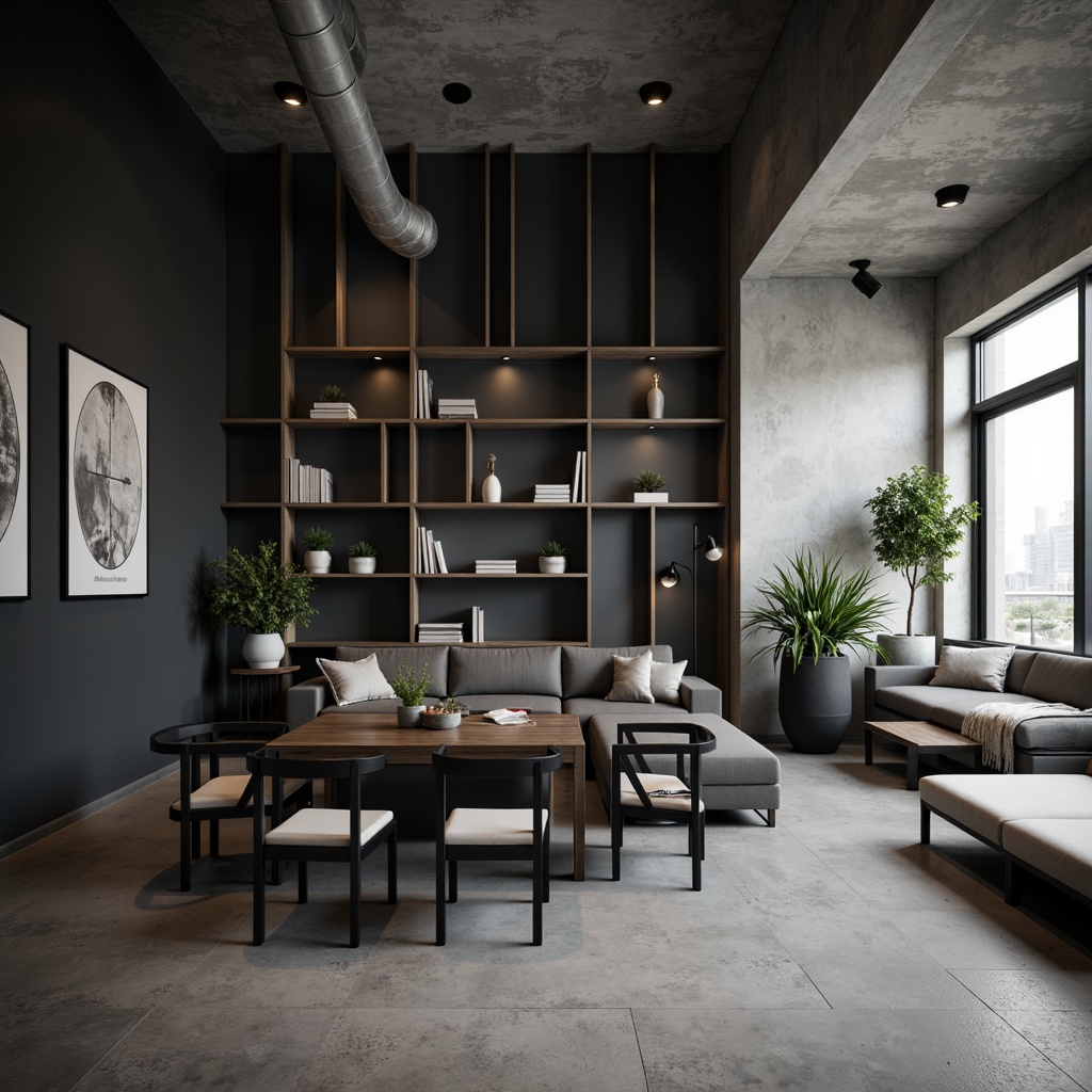 Prompt: Monochromatic walls, smooth concrete floors, matte black furniture, sleek metal accents, frosted glass surfaces, subtle wood grain textures, soft ambient lighting, calm atmosphere, minimalist decor, sparse greenery, industrial-chic pipes, raw concrete ceilings, geometric patterns, Scandinavian-inspired design, neutral color palette, shallow depth of field, 1/1 composition, realistic render.