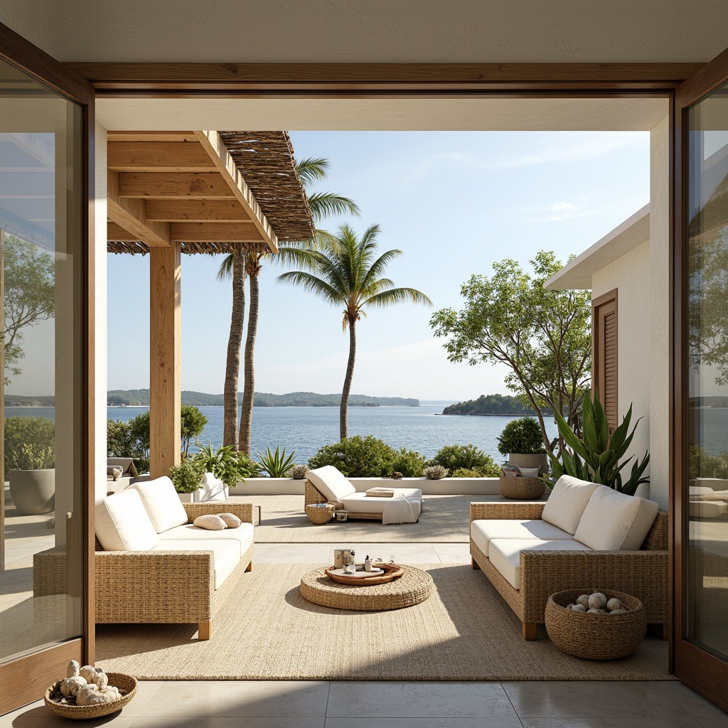 Prompt: Coastal style villa, large windows, sliding glass doors, ocean views, white stucco exterior, shingle roof, natural wood accents, beachy color palette, soft creamy whites, calming blues, sandy neutrals, woven textiles, rattan furniture, nautical decor, shells, driftwood, tropical plants, palm trees, sunny day, warm soft lighting, shallow depth of field, 1/1 composition, symmetrical framing, realistic reflections.