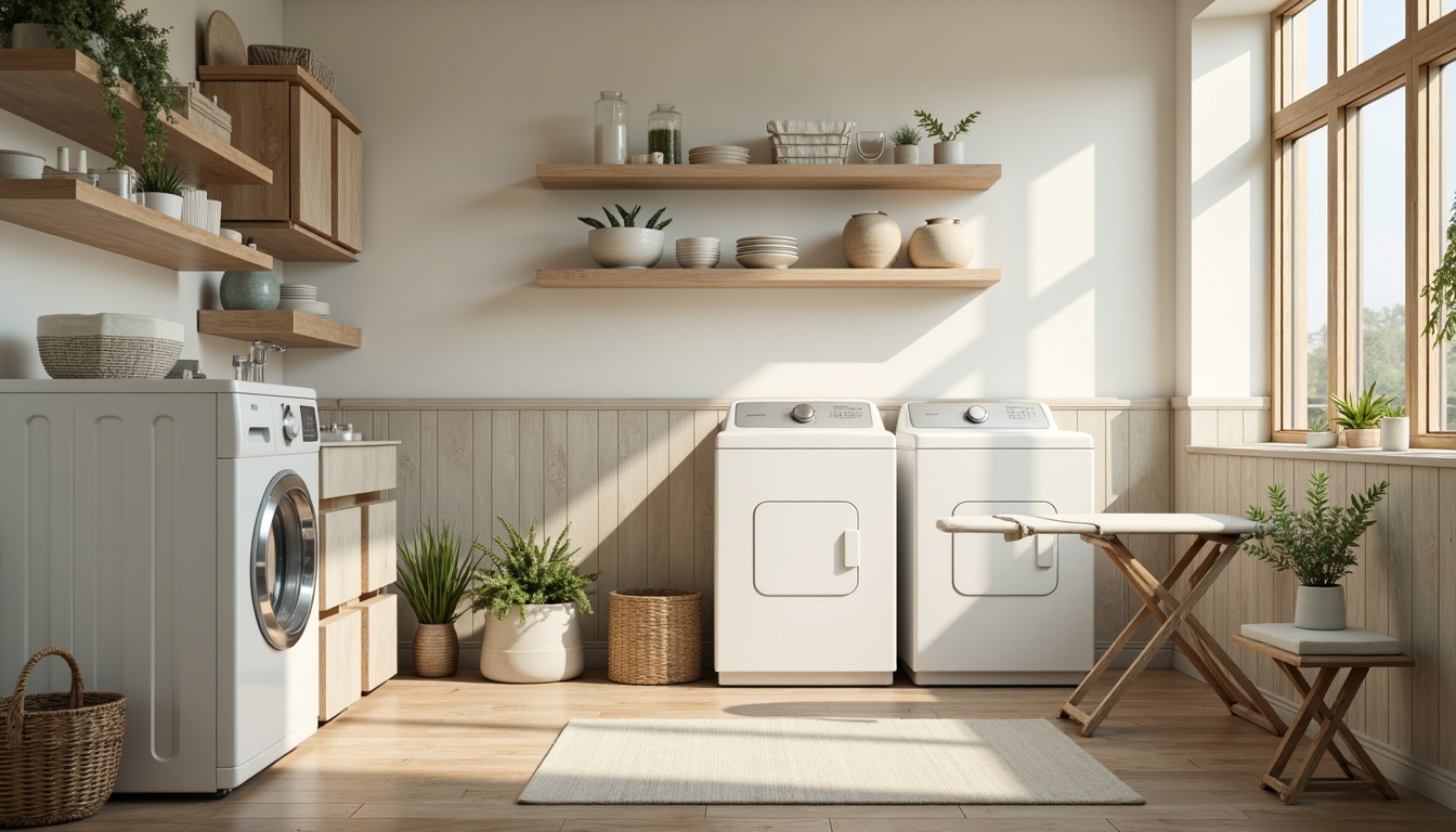 Prompt: Soft pastel hues, calming whites, creamy beiges, gentle blues, warm wooden accents, natural textiles, rustic metal frames, vintage washing machines, nostalgic ironing boards, cozy laundry rooms, warm ambient lighting, soft focus blur, 1/2 composition, shallow depth of field, realistic fabric textures, subtle color gradations.