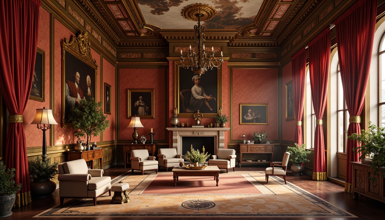 Prompt: Opulent Renaissance-style interior, rich velvet drapes, golden ornate frames, intricately carved wooden furniture, luxurious marble floors, warm terracotta walls, soft candlelight, lavish crystal chandeliers, majestic fresco ceilings, antique tapestries, regal reds, imperial blues, sunset oranges, creamy whites, subtle earth tones, dramatic shadows, warm atmospheric lighting, 1/1 composition, shallow depth of field, realistic textures.