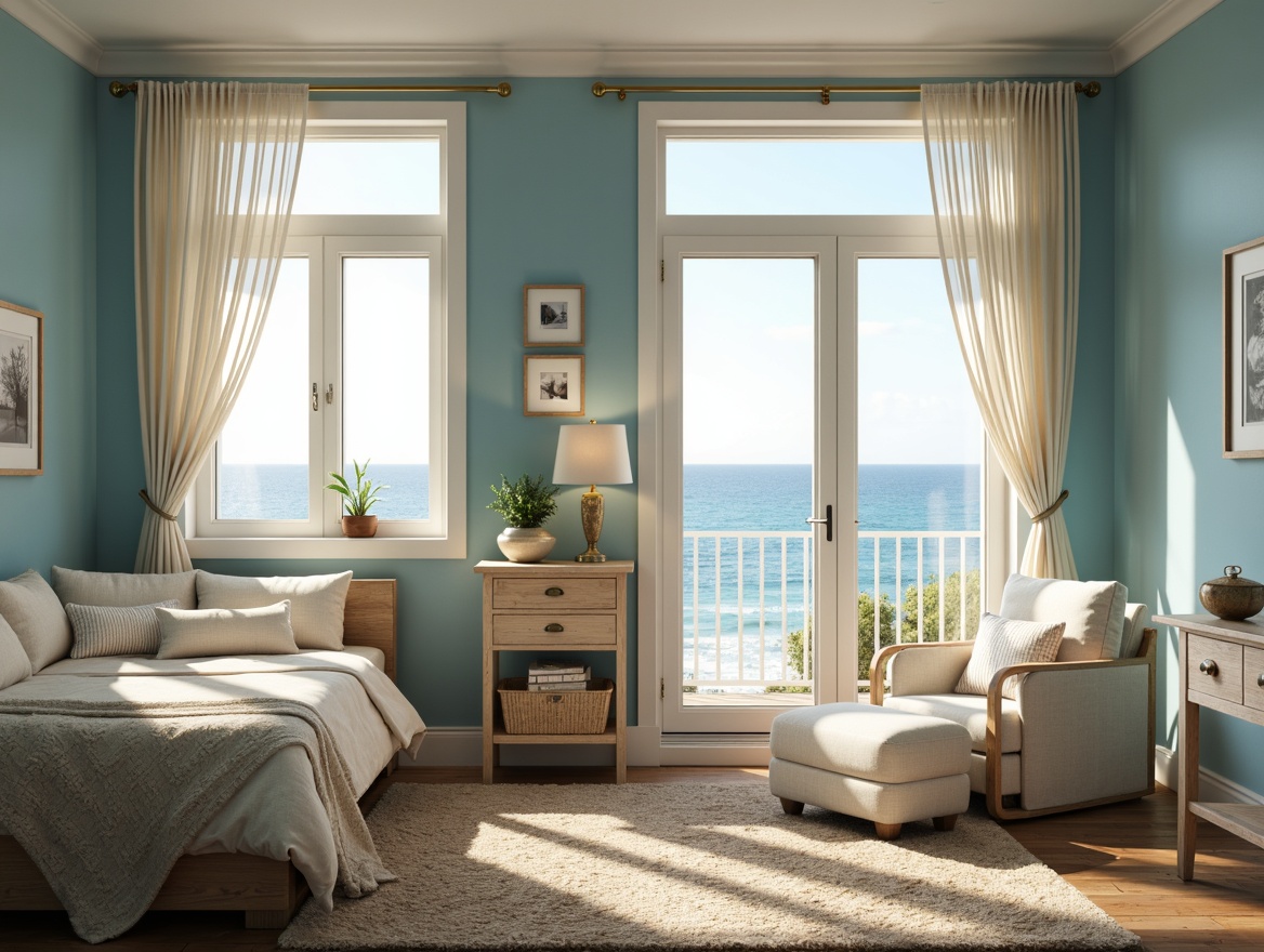 Prompt: Calming coastal dorm room, soft ocean breeze, serene blue walls, creamy white furniture, natural wood accents, woven sea grass textiles, coral-inspired patterns, subtle nautical details, plush area rugs, ocean-view windows, sheer curtains, warm golden lighting, shallow depth of field, 1/1 composition, realistic textures, ambient occlusion.