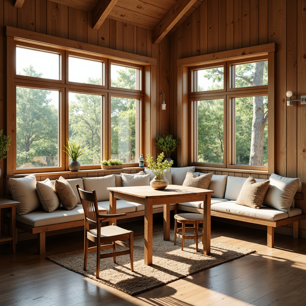 Prompt: Cozy breakfast nook, warm wooden tones, soft cushions, natural stone flooring, large windows, abundant sunlight, gentle morning light, minimal ornamentation, clean lines, modern farmhouse style, rustic accents, woven textiles, earthy color palette, lush greenery views, partial shade, 1/1 composition, shallow depth of field, realistic textures, ambient occlusion.