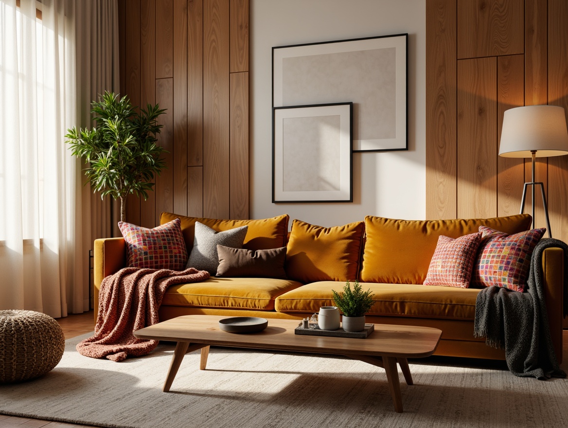 Prompt: Cozy living room, plush velvet sofa, soft chunky throw blankets, warm beige walls, rich wood accents, modern minimalist coffee table, elegant floor lamps, vibrant colorful pillows, intricate geometric patterns, comfortable seating arrangement, natural daylight, sheer curtains, 1/1 composition, realistic textures, ambient occlusion.