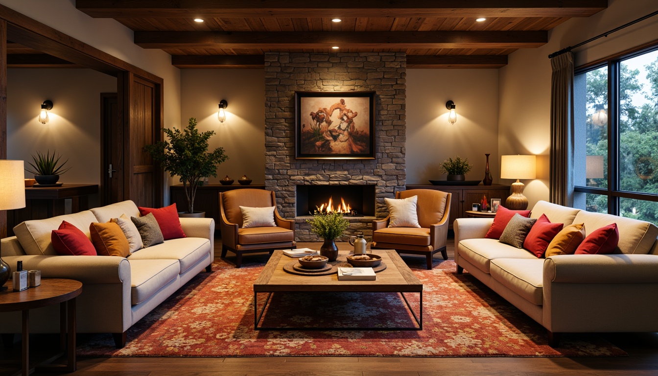 Prompt: Cozy family room, plush sofas, vibrant throw pillows, rustic wooden coffee tables, decorative vases, patterned rugs, warm floor lamps, stone fireplace, modern ceiling lights, natural textiles, earthy color palette, comfortable seating areas, soft candlelight, shallow depth of field, 1/1 composition, intimate atmosphere, realistic textures, ambient occlusion.