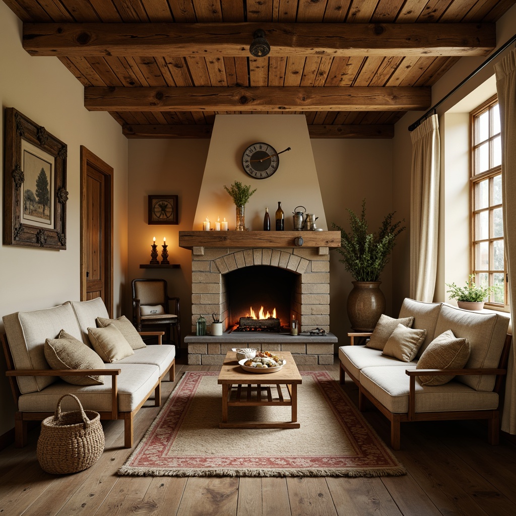 Prompt: Rustic interior design, wooden accents, earthy tones, warm beige walls, distressed wood floors, vintage metal fixtures, cozy textiles, natural stone fireplaces, woven baskets, antique furniture pieces, candlelit ambiance, soft warm lighting, shallow depth of field, 3/4 composition, realistic textures, ambient occlusion.