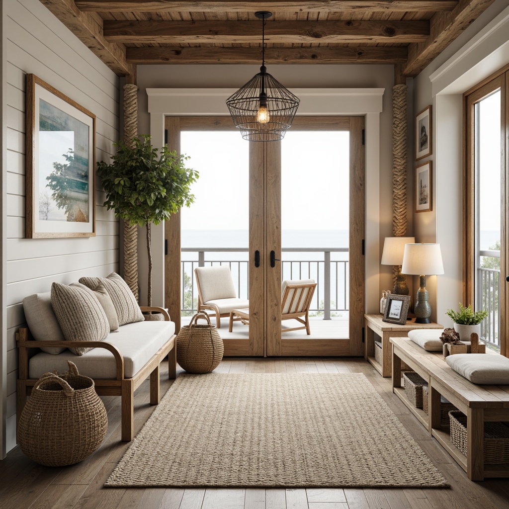 Prompt: Coastal mudroom, rustic wooden accents, natural fiber rugs, woven baskets, driftwood decor, calming color palette, soft warm lighting, table lamps with linen shades, floor lamps with rattan details, pendant lights in distressed metal, nautical-themed fixtures, rope-wrapped columns, shiplap wood walls, ocean-inspired artwork, large windows with beach views, sliding glass doors, natural textiles, woven fibers, organic shapes, earthy tones, warm beige colors, creamy whites, weathered wooden benches, plush throw blankets, 1/1 composition, softbox lighting, realistic textures, ambient occlusion.