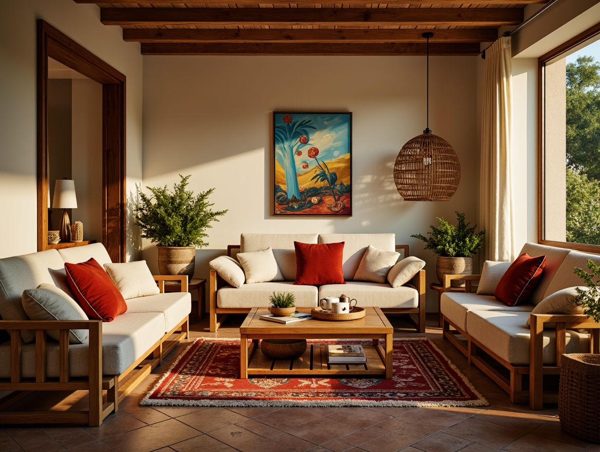 Prompt: Cozy living room, plush throw pillows, soft velvet fabrics, warm beige tones, natural linen textures, woven wicker furniture, comfortable couches, vibrant colorful accents, richly patterned rugs, Moroccan-inspired tiles, ambient lighting, 3/4 composition, shallow depth of field, realistic materials, warm golden hour.