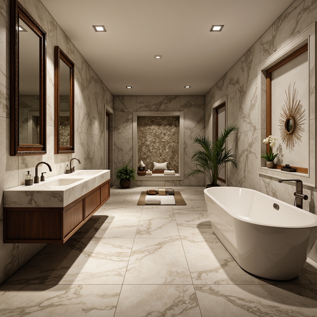 Prompt: Luxurious bathroom, marble countertops, textured stone walls, sleek chrome fixtures, freestanding tubs, wooden vanities, ornate mirrors, soft warm lighting, 3/4 composition, shallow depth of field, realistic textures, ambient occlusion, classic architectural details, subtle color palette, natural materials, elegant ambiance.