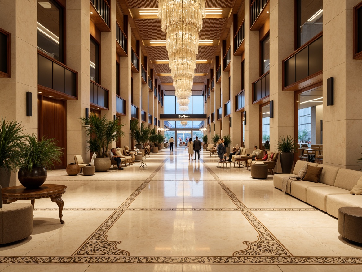 Prompt: Luxurious airport interior, renaissance-inspired design, high-end flooring solutions, polished marble surfaces, intricate inlays, warm beige tones, elegant wood accents, sleek metal lines, spacious open areas, natural stone walls, modern chandeliers, soft warm lighting, shallow depth of field, 1/1 composition, realistic textures, ambient occlusion.