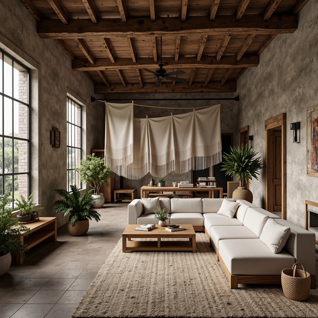 Prompt: Rustic warehouse, farmhouse style, vintage textiles, worn wooden beams, distressed brick walls, industrial metal frames, reclaimed wood accents, earthy color palette, natural linen fabrics, woven baskets, rattan furniture, potted greenery, soft warm lighting, shallow depth of field, 1/1 composition, realistic textures, ambient occlusion.