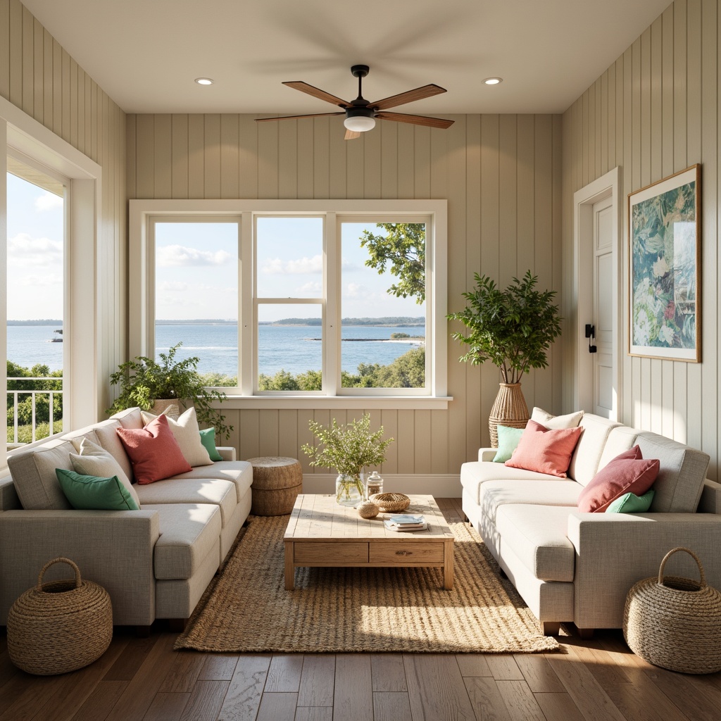 Prompt: Calming coastal cottage, soft sandy beige walls, driftwood gray furniture, seafoam green accents, coral pink hues, crisp white trim, natural linen textiles, woven jute rugs, distressed wood flooring, vintage nautical decor, ocean-inspired artwork, sunny day, warm golden lighting, shallow depth of field, 1/1 composition, realistic textures, ambient occlusion.