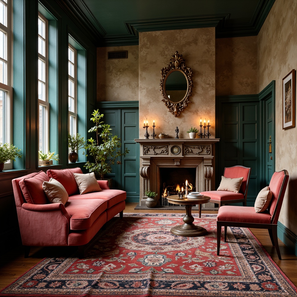 Prompt: Vibrant eclectic interior, rich velvet fabrics, bold patterned rugs, distressed wood accents, antique furniture pieces, luxurious gold hardware, moody dark walls, warm beige tones, deep turquoise hues, pops of coral pink, natural linen textures, soft candlelight, 3/4 composition, shallow depth of field, warm atmospheric lighting.