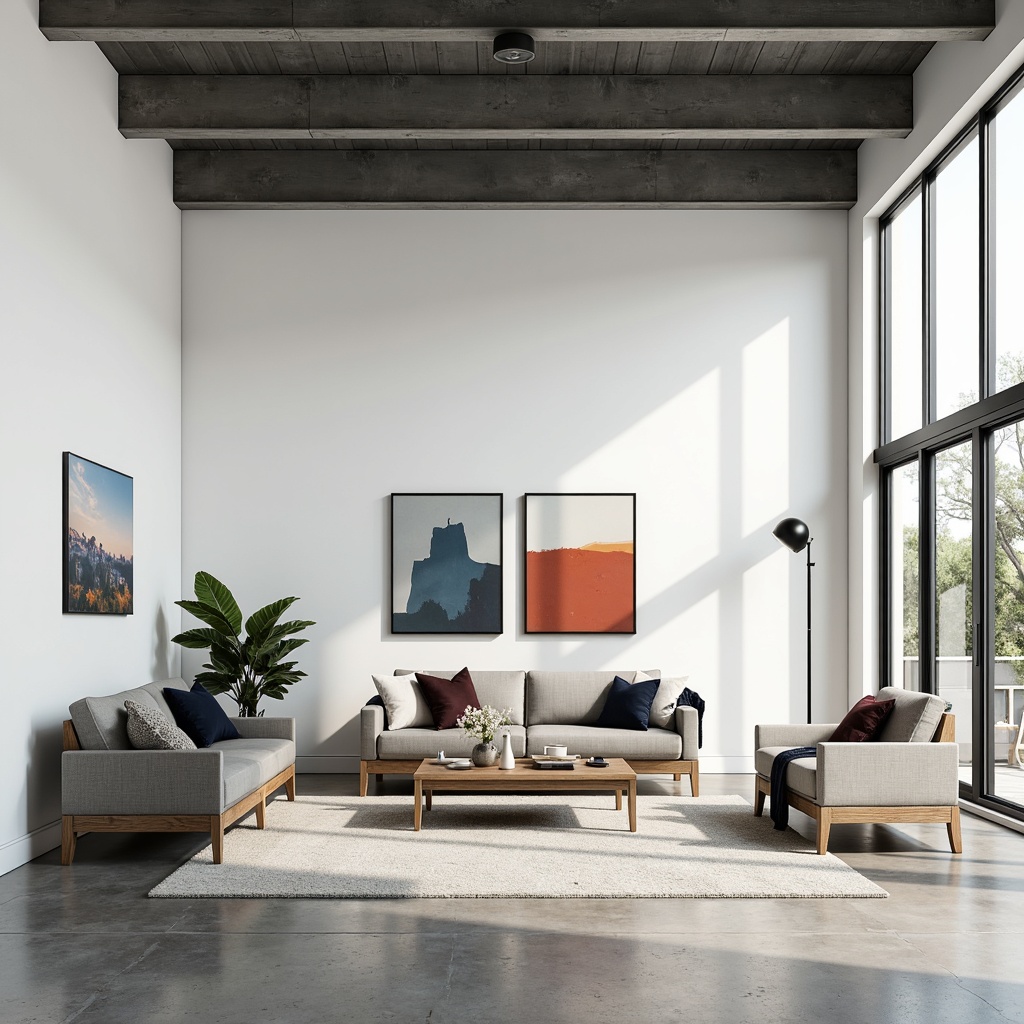 Prompt: Simple white walls, industrial metal beams, functional furniture, minimal ornamentation, primary color accents, geometric shapes, clean lines, rectangular forms, open floor plans, abundant natural light, large windows, sliding glass doors, concrete floors, raw materials, monochromatic color scheme, subtle textures, dramatic shadows, high contrast lighting, 1/1 composition, symmetrical balance, atmospheric perspective.