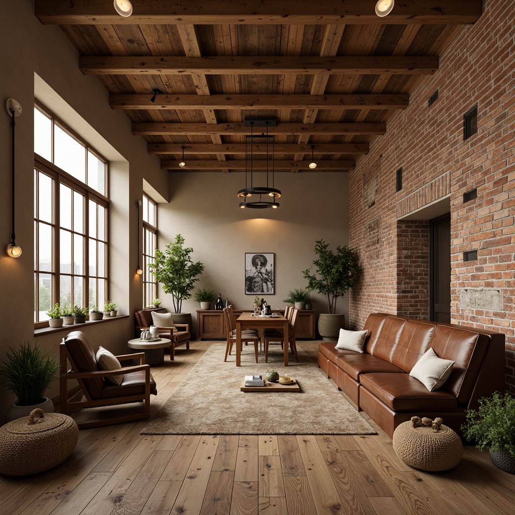 Prompt: Rustic office space, wooden accents, distressed finishes, earthy tones, warm beige walls, reclaimed wood flooring, vintage furniture pieces, leather upholstery, metal industrial lighting, exposed brick surfaces, natural textiles, woven baskets, potted greenery, soft warm lighting, shallow depth of field, 1/1 composition, realistic textures, ambient occlusion.