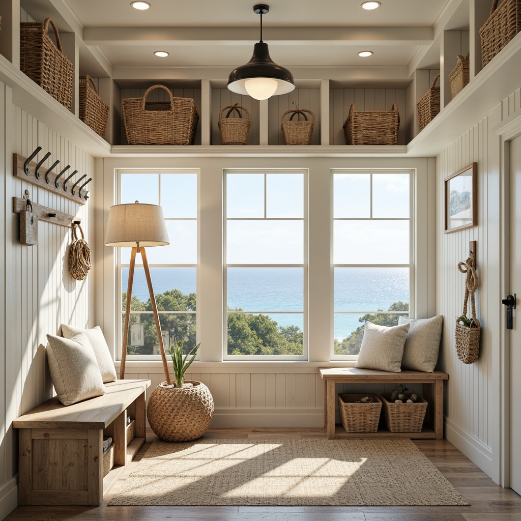 Prompt: Coastal mudroom, driftwood accents, natural textures, woven baskets, nautical ropes, rustic wooden benches, ocean-inspired color palette, soft warm lighting, pendant lamps, table lamps, floor lamps, linen shades, creamy whites, weathered woods, woven jute rugs, distressed finishes, beachy vibe, casual elegance, functional storage, hooks for hanging, built-in banquettes, ocean views, sunny day, gentle breeze, 3/4 composition, shallow depth of field, realistic textures, ambient occlusion.